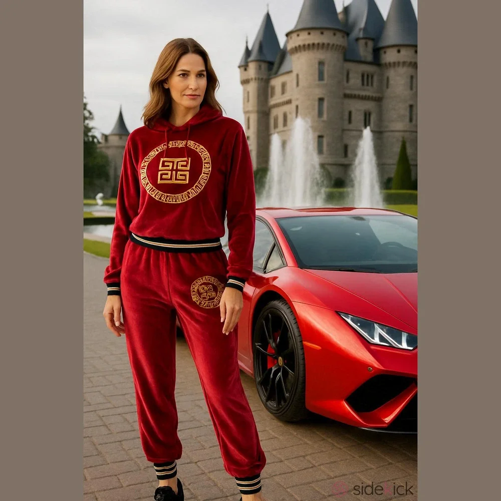 Sofia Vergara Red Velour Jumpsuit Gold Details